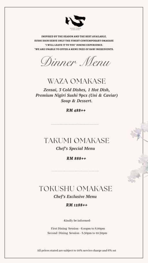 Sushi Shin Dinner Menu
