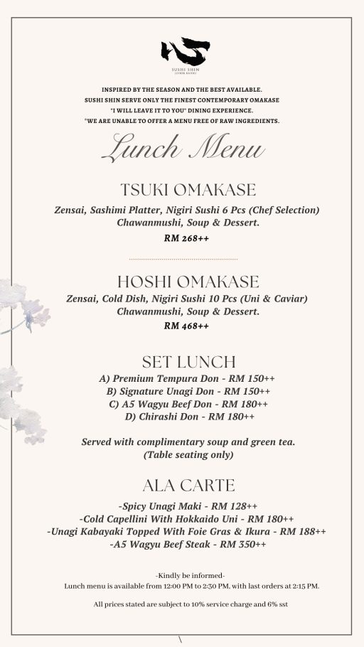 Sushi Shin Lunch Menu