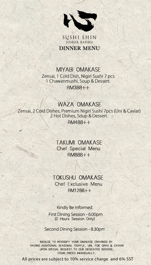 Sushi Shin Dinner Menu -Sushi Shin Johor bahru|omakase in Jb|sushi ...