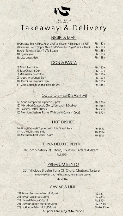 Take Away Menu Sushi Shin Johor Bahru Omakase In Jb Sushi Japanese Food